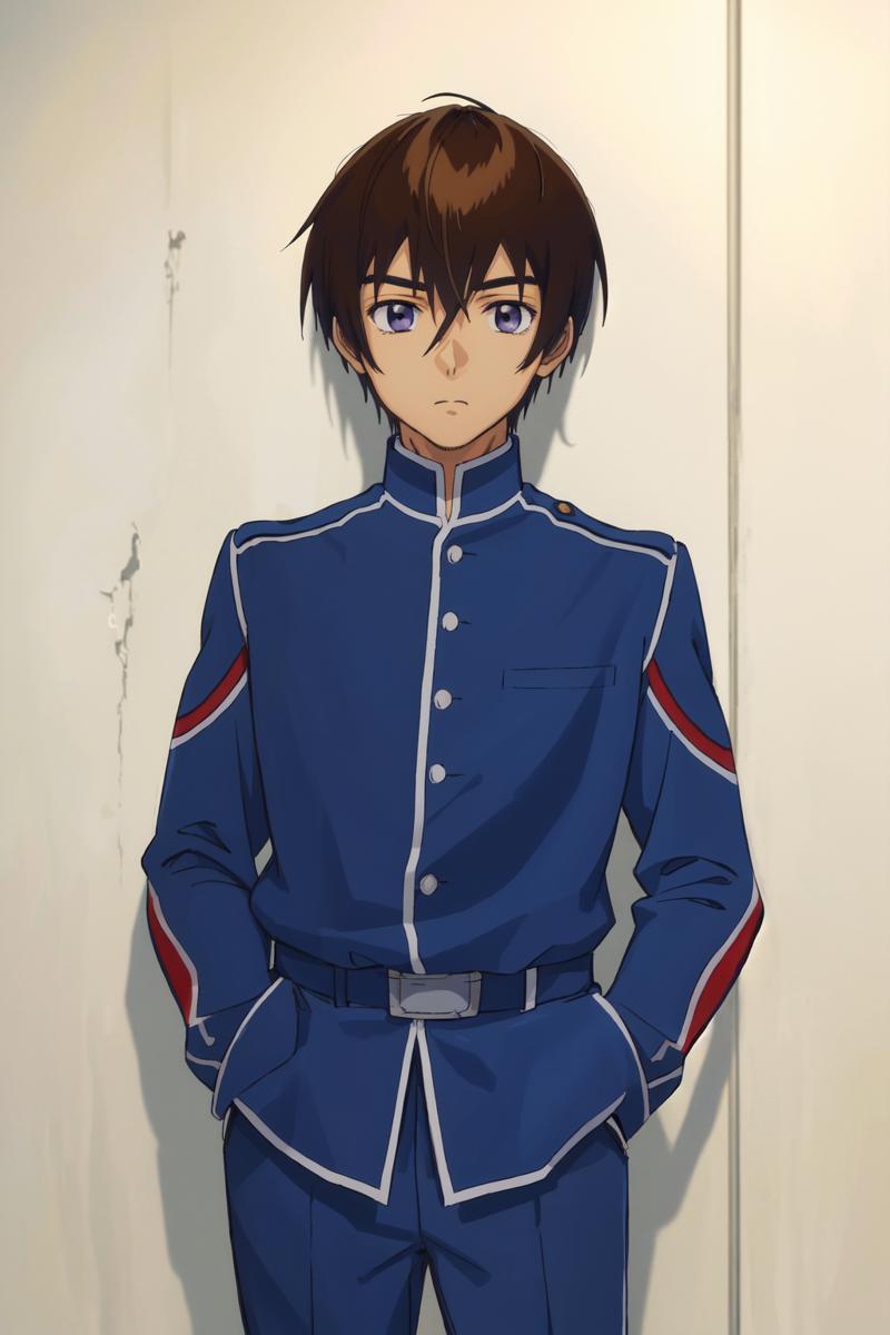 02393-223024877-masterpiece, best quality, highres, solo male kira yamato, military uniform  against wall, leaning back, hands in pockets.png